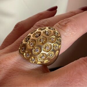 Vintage 1970’s Modernist Gold honeycomb CZ Oversized cocktail Ring Huge 7